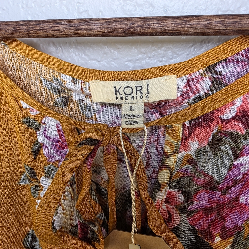 KORI America Boutique Floral Golden Yellow Dress Boho Romantic Tie-Neck – Size L - Picture 5 of 17